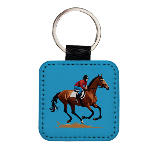 Jockey Riding Horse Racing Man Square Faux Leather Keychain