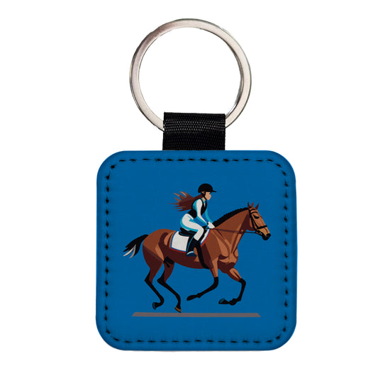 Jockey Riding Horse Racing Woman Square Faux Leather Keychain