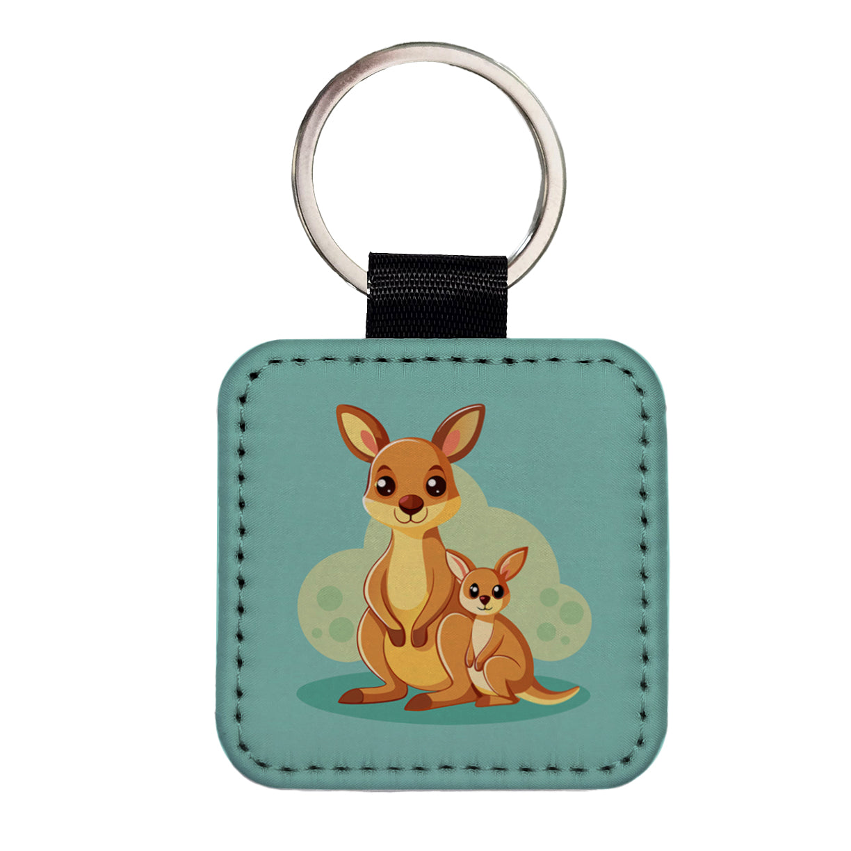 Kangaroo Mom and Baby Square Faux Leather Keychain