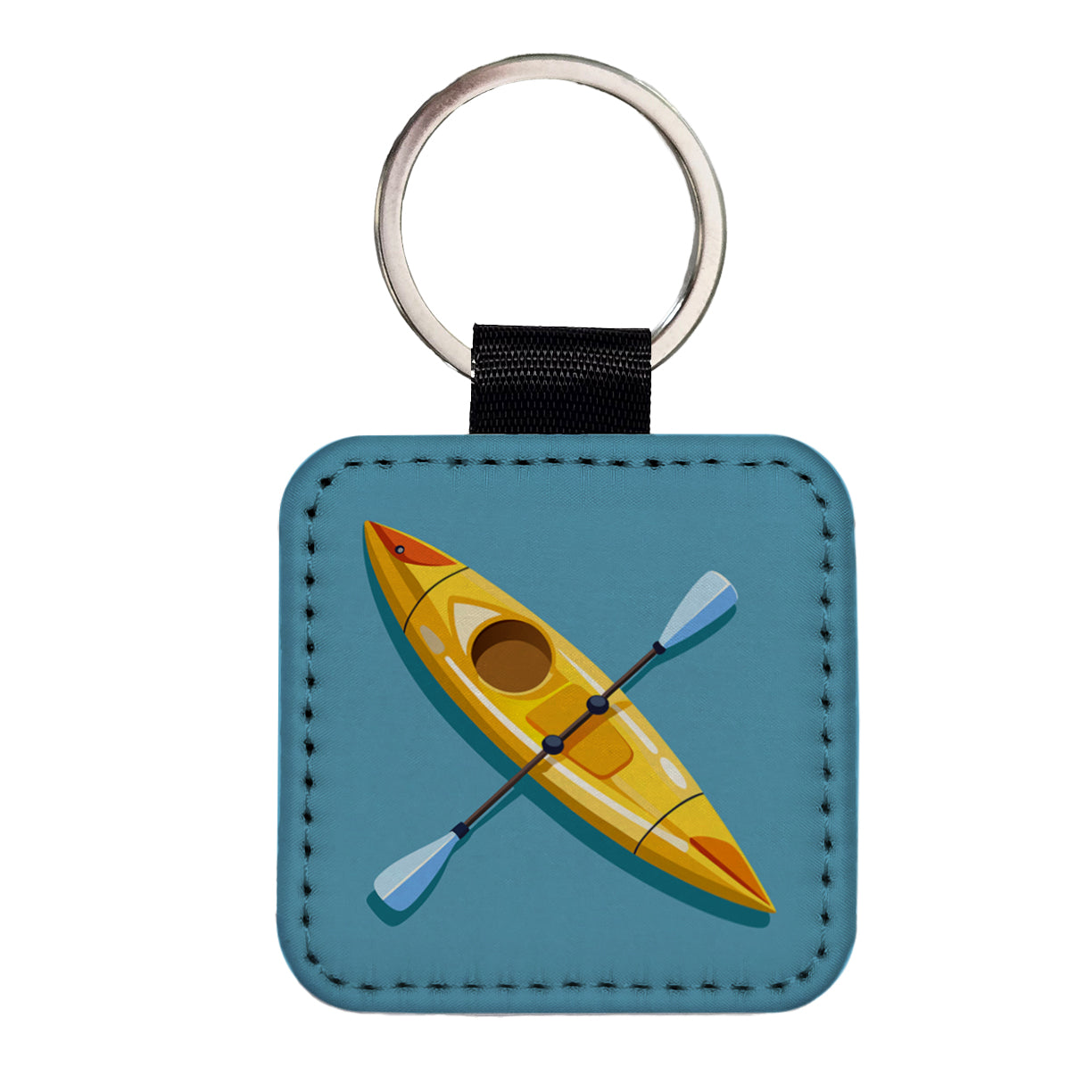 Kayak Kayaking Yellow Square Faux Leather Keychain