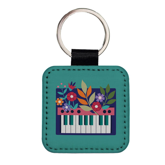 Keyboard Piano Music Floral Motif Square Faux Leather Keychain