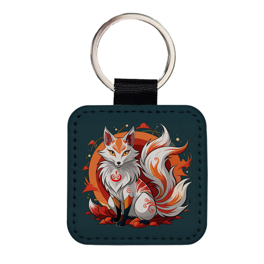 Kitsune Fox Japanese Folklore Square Faux Leather Keychain