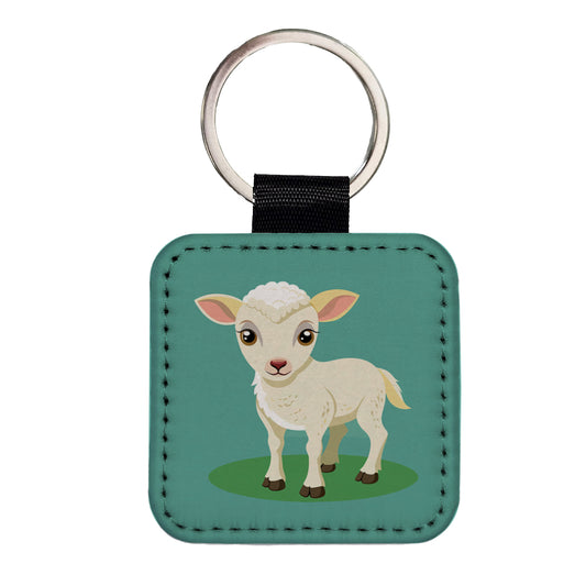 Lamb Baby Cute Square Faux Leather Keychain