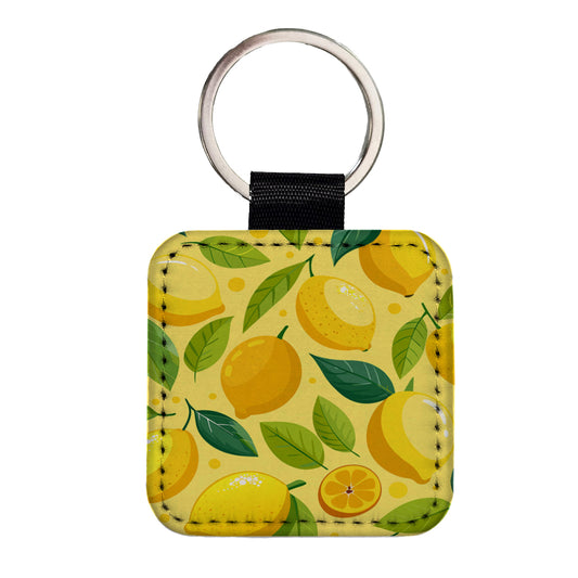 Lemons Fruit Scattered Pattern Square Faux Leather Keychain