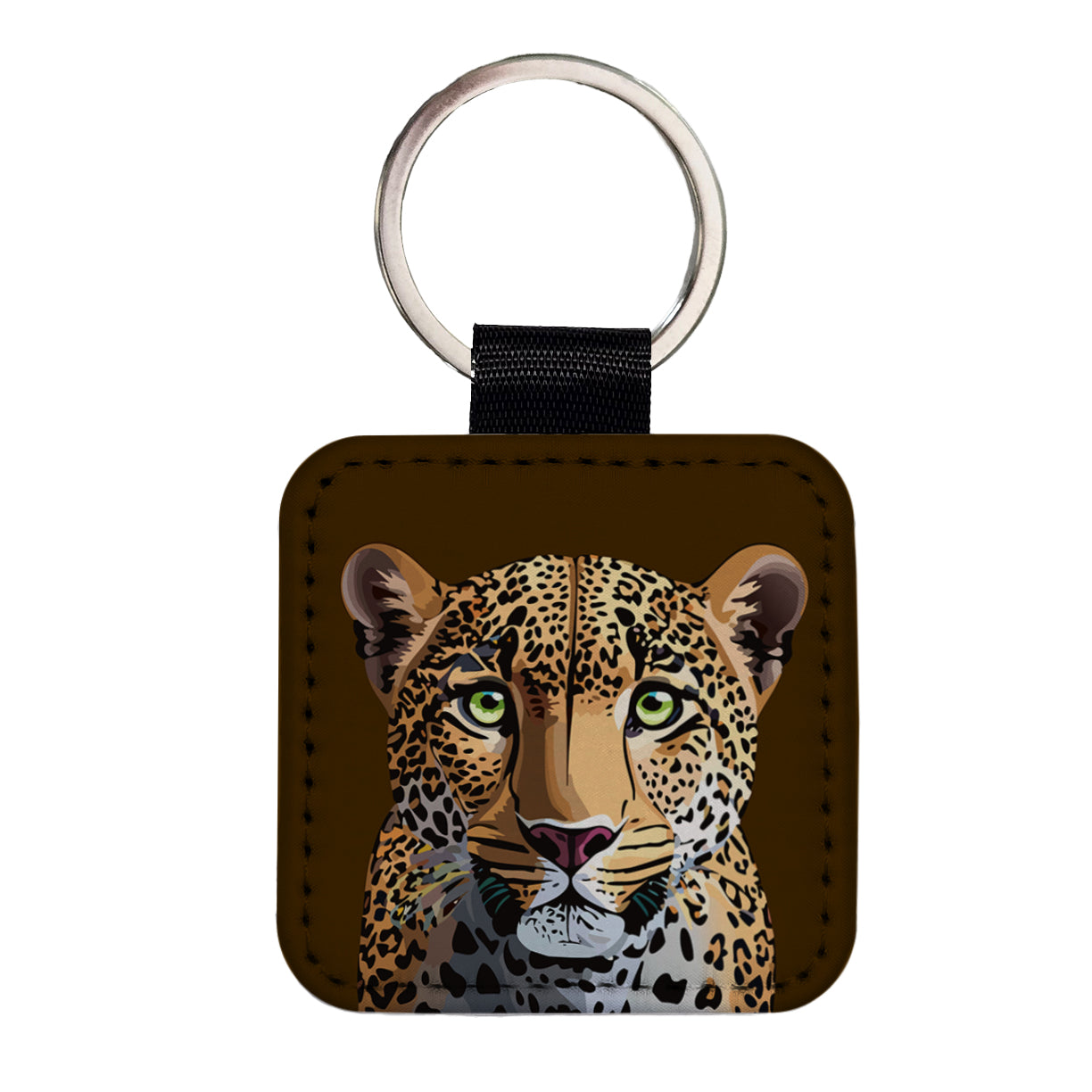Leopard Cheetah Face Big Cat Square Faux Leather Keychain