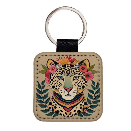 Leopard Head Floral Flowers Square Faux Leather Keychain