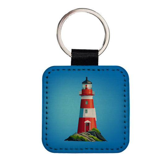 Lighthouse Light House Red White Square Faux Leather Keychain