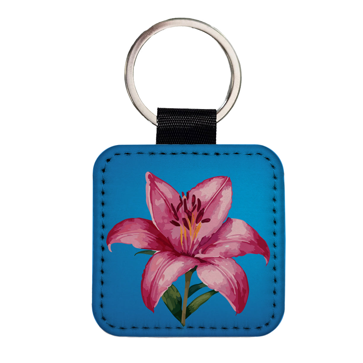 Lily Pink Flower Square Faux Leather Keychain