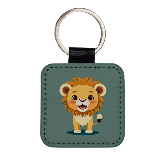 Lion Baby Smiling Standing Square Faux Leather Keychain