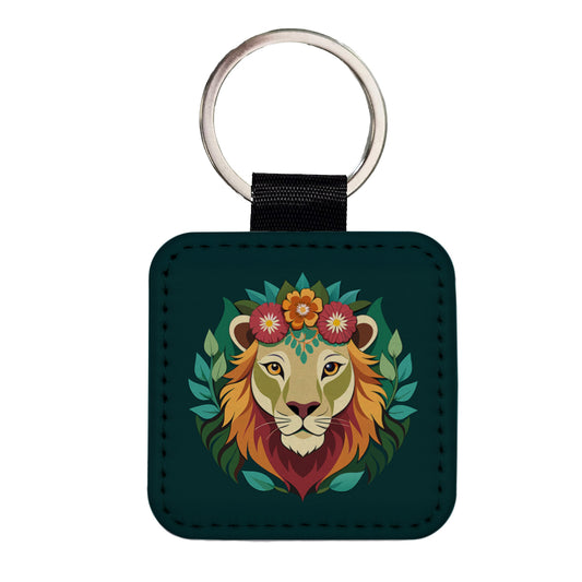 Lion Head Floral Flowers Square Faux Leather Keychain