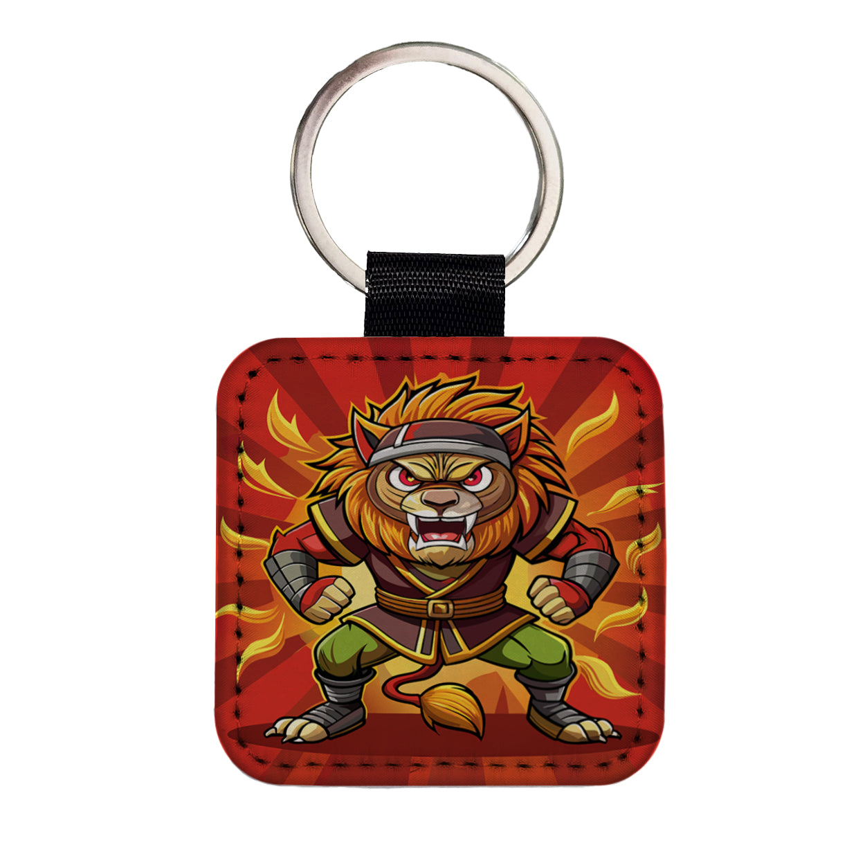 Lion Ninja Fighting Warrior Square Faux Leather Keychain