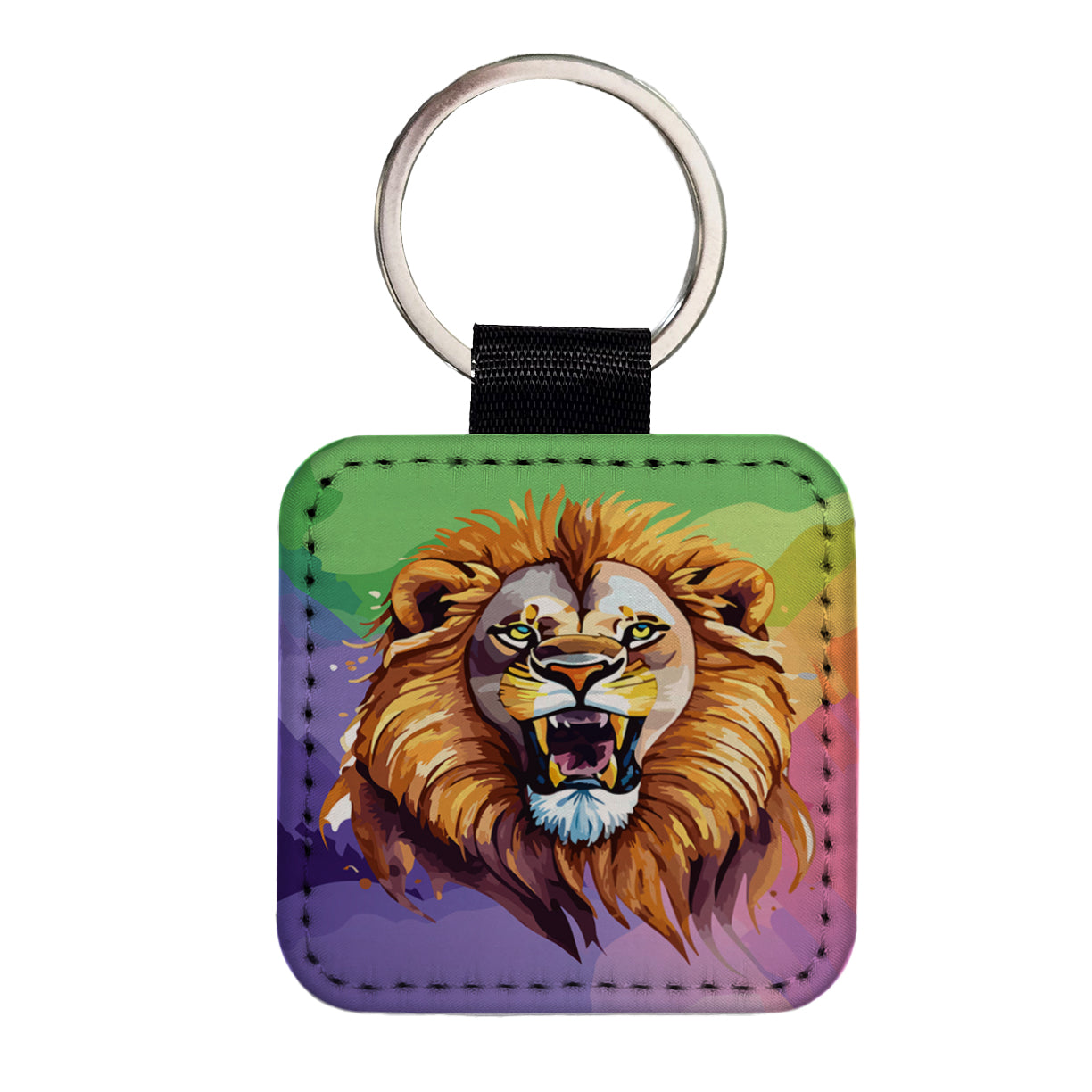 Lion Roaring Male Watercolor Square Faux Leather Keychain