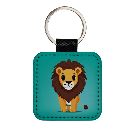 Lion Standing Square Faux Leather Keychain