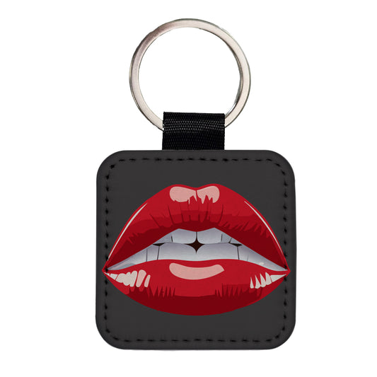 Lips Red Lipstick Mouth Square Faux Leather Keychain