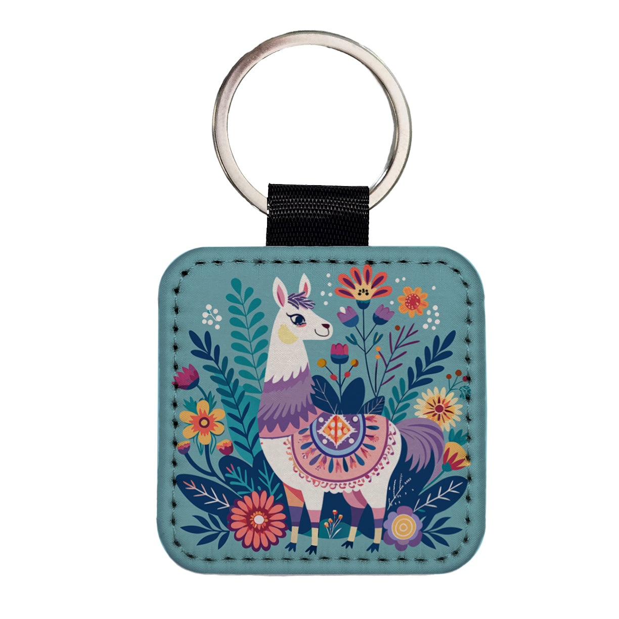 Llama Alpaca Floral Flowers Square Faux Leather Keychain
