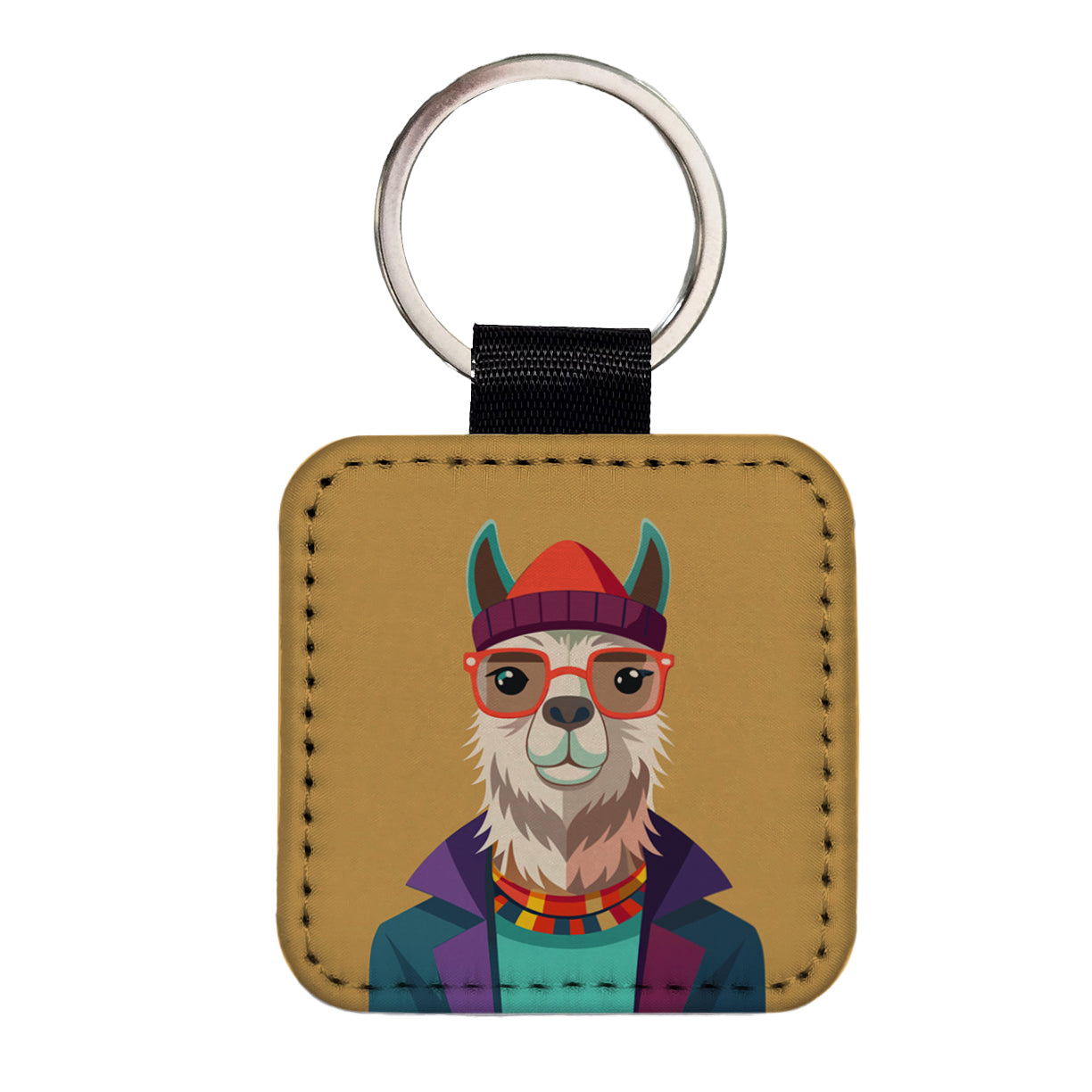 Llama Hipster Funny Wearing Glasses Hat Square Faux Leather Keychain