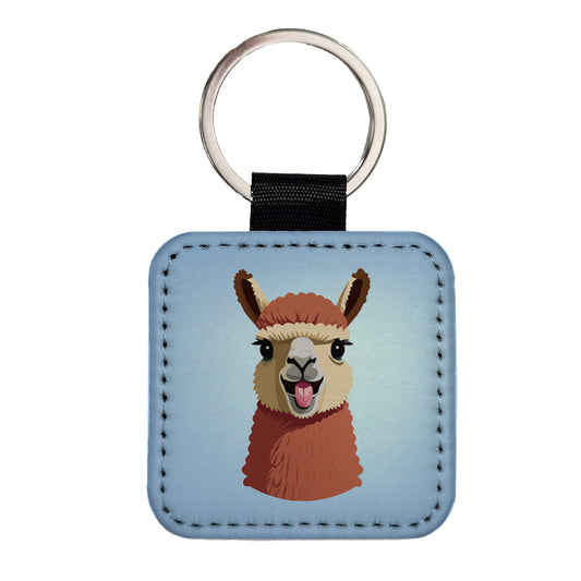 Llama Tongue Sticking Out Square Faux Leather Keychain