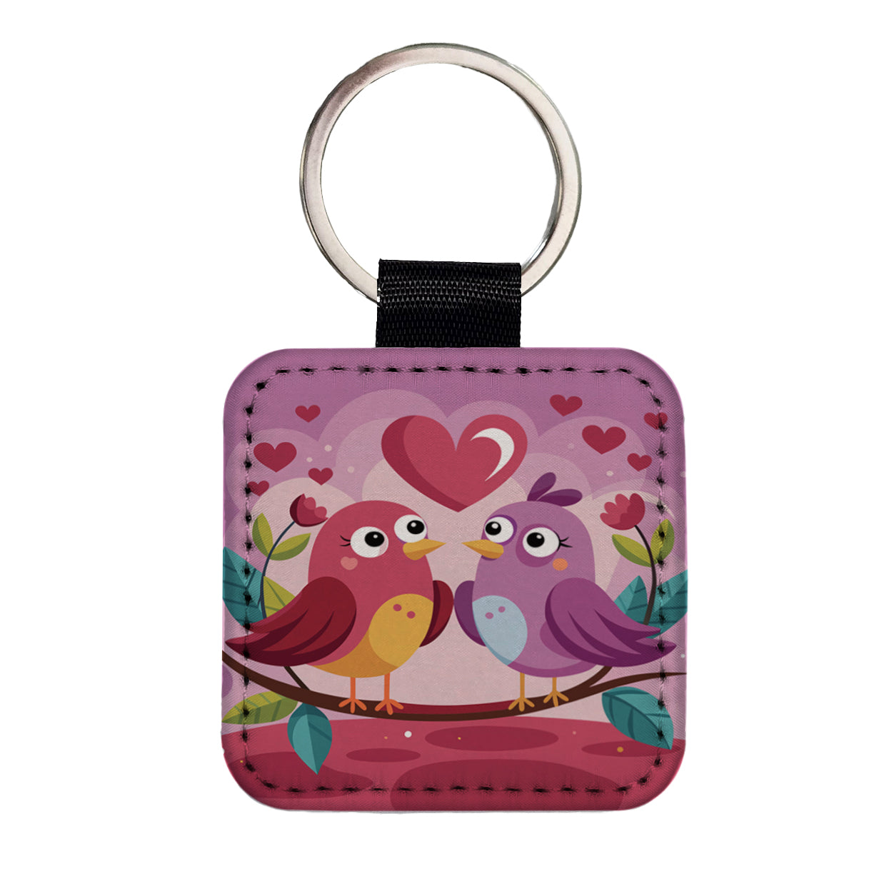 Love Birds Valentines Day Anniversary Wedding Square Faux Leather Keychain