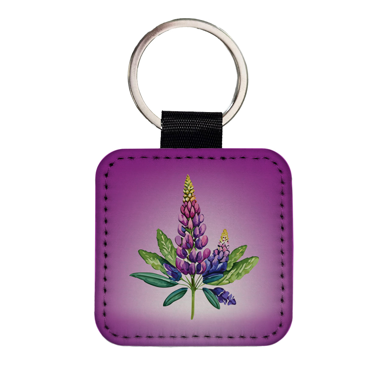 Lupine Plant Flower Watercolor Square Faux Leather Keychain