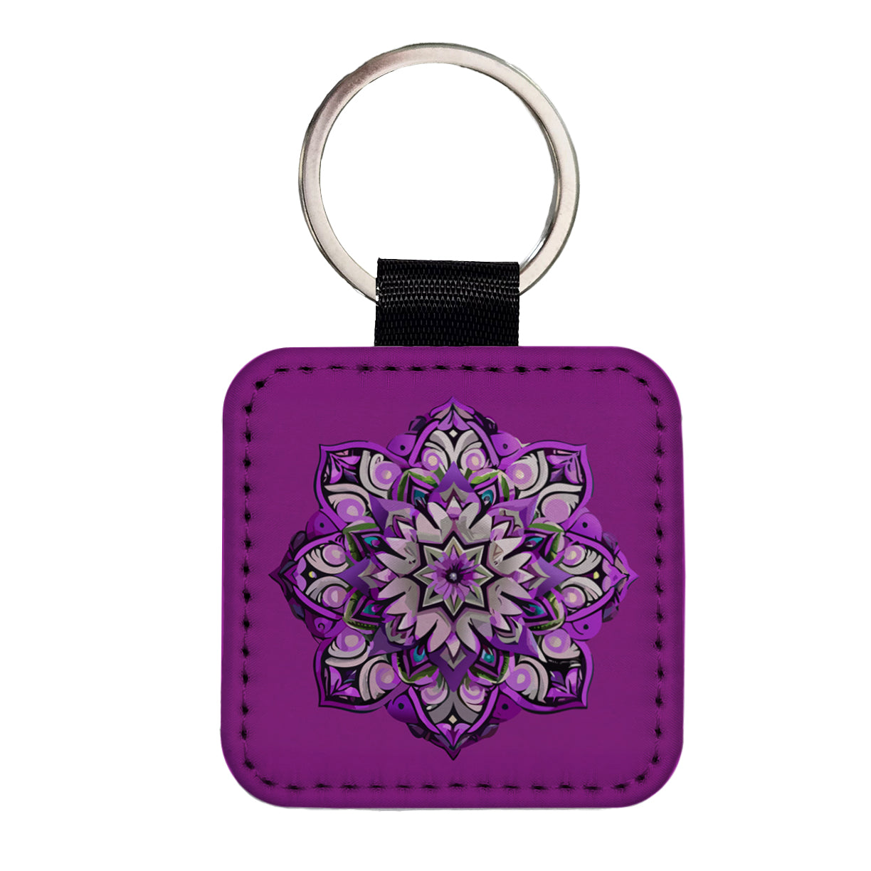 Mandala Purple Square Faux Leather Keychain