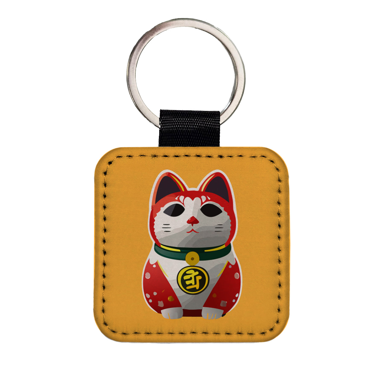 Maneki Neko Lucky Cat Square Faux Leather Keychain