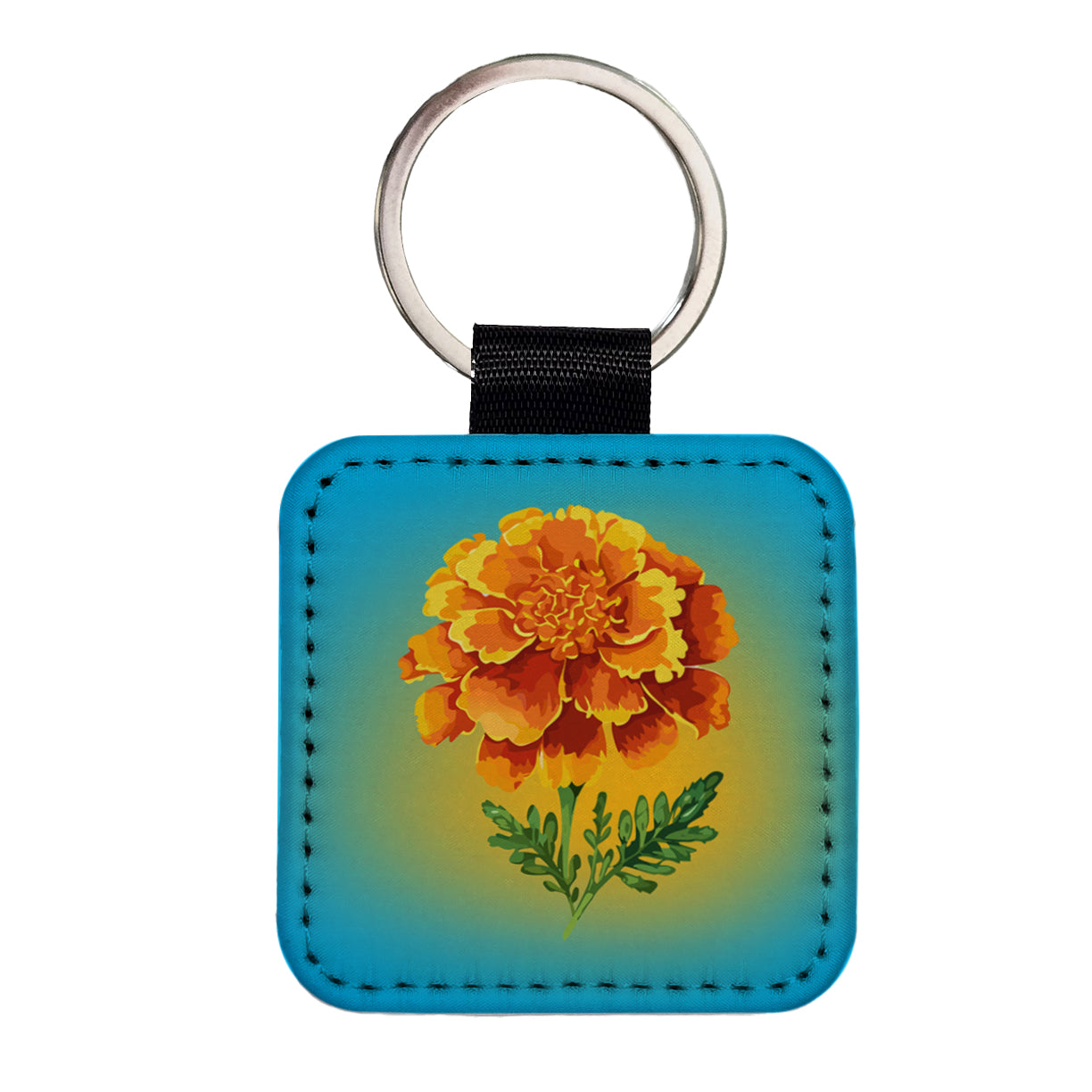 Marigold Flower Watercolor Orange Square Faux Leather Keychain