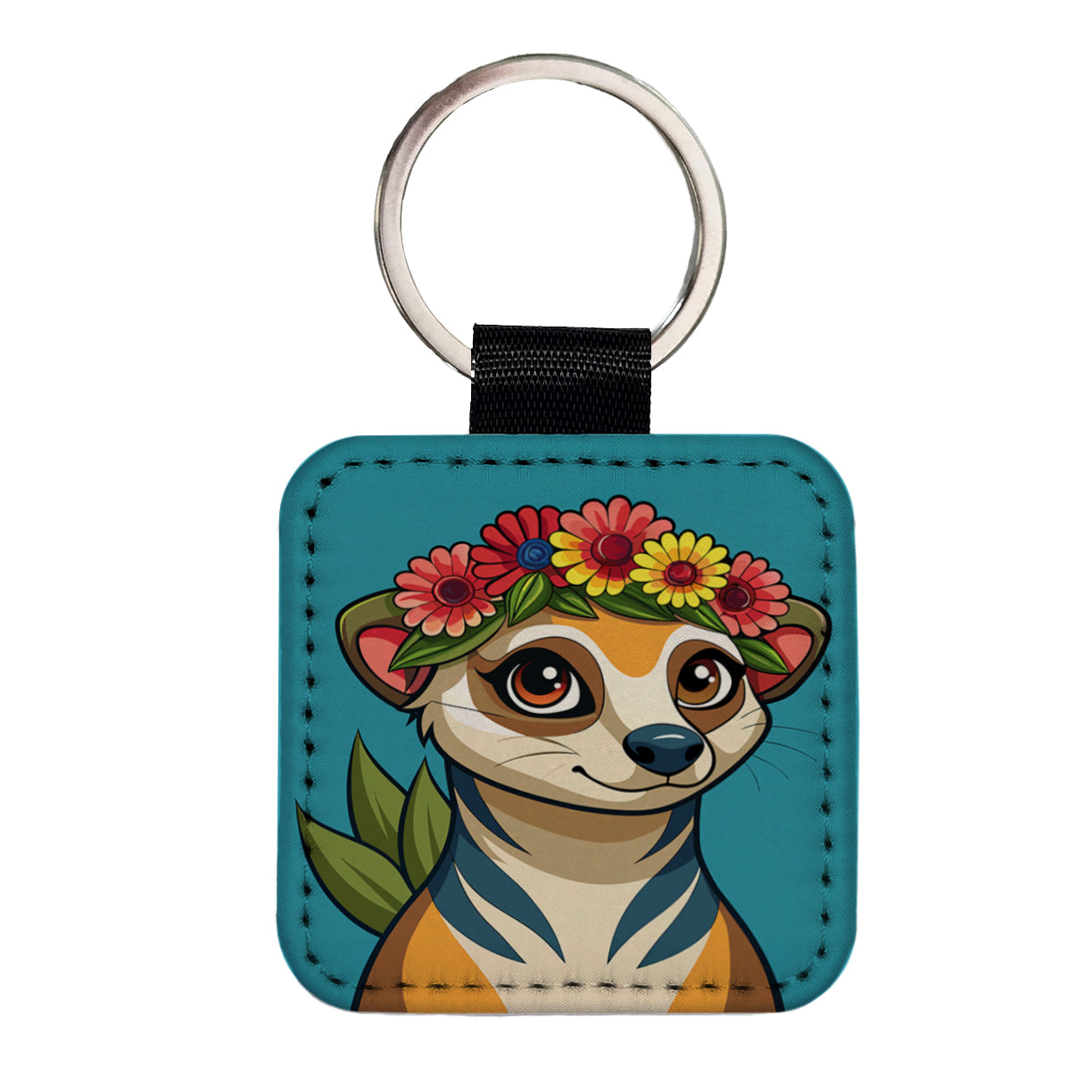 Meerkat Floral Flowers Square Faux Leather Keychain
