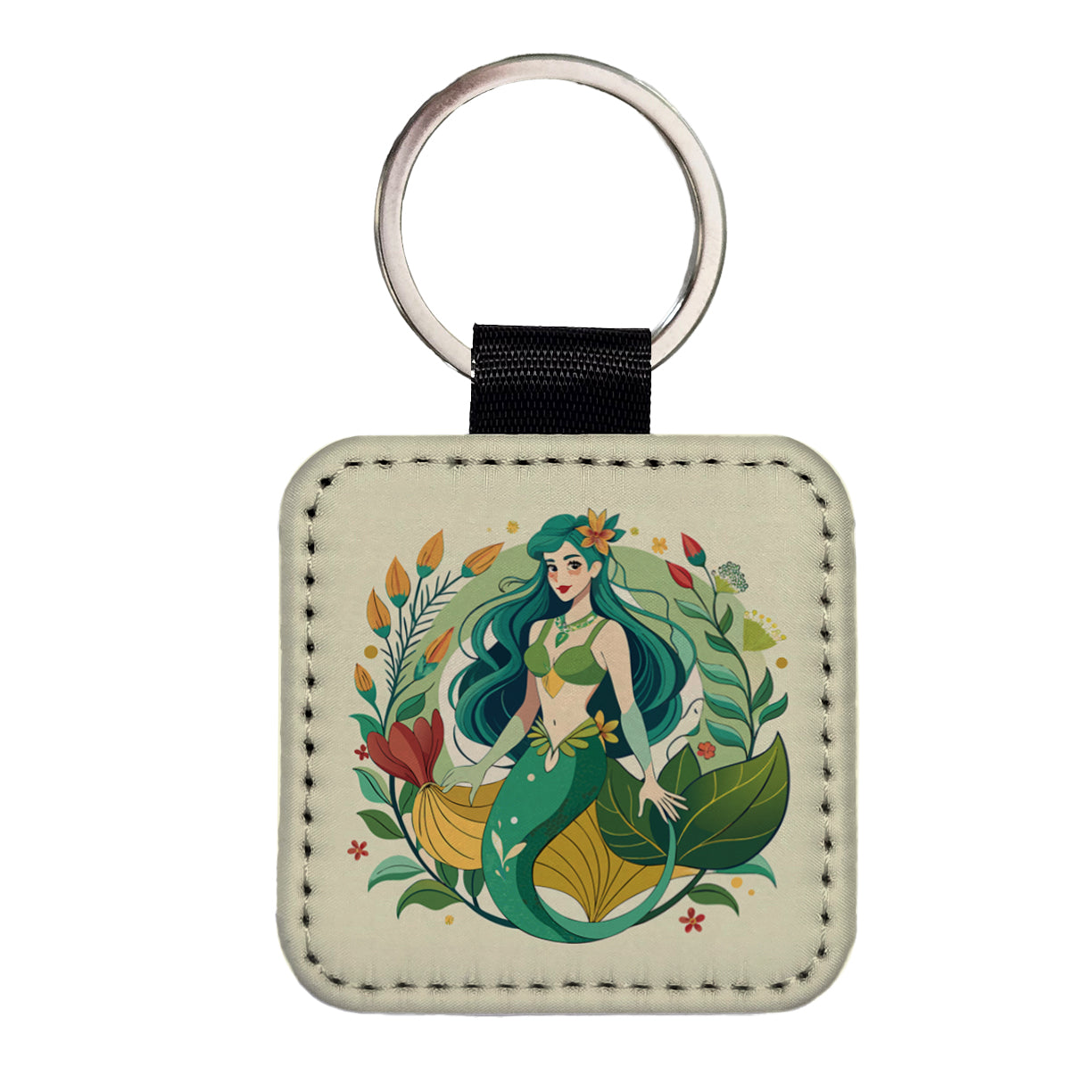 Mermaid Under Sea Botanical Art Nouveau Square Faux Leather Keychain