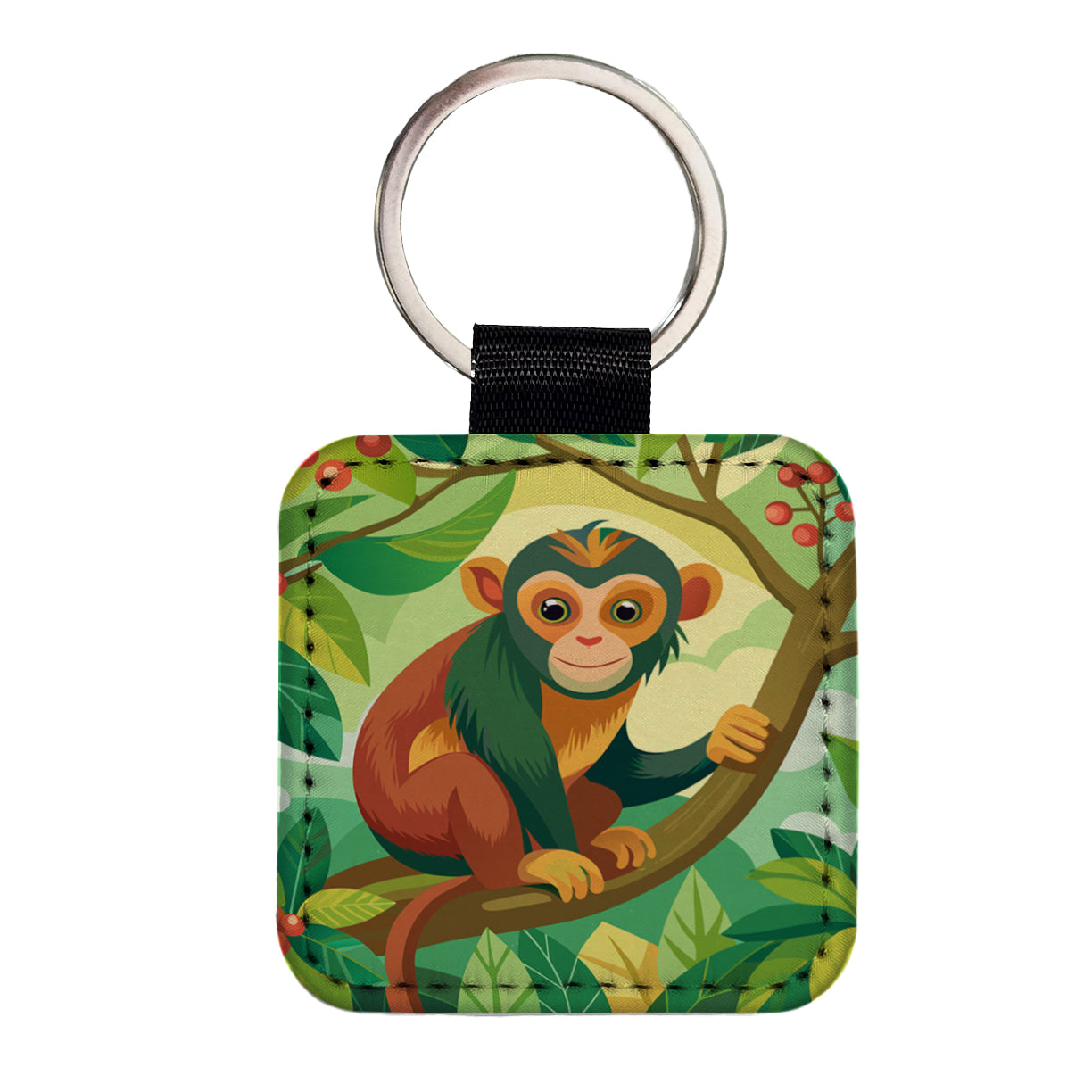 Monkey in Tree Square Faux Leather Keychain