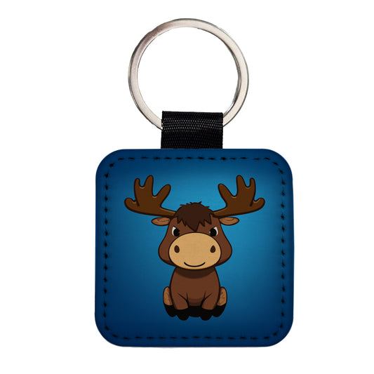 Moose Cute Square Faux Leather Keychain