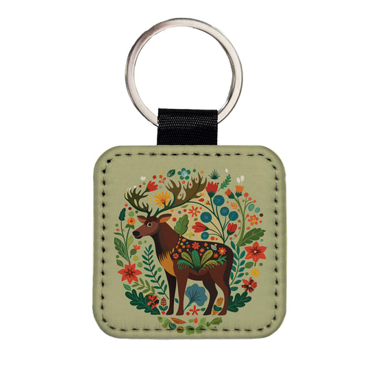 Moose Floral Flowers Square Faux Leather Keychain