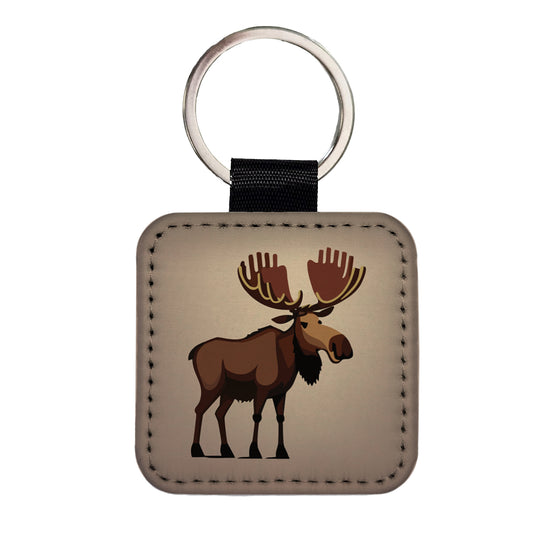 Moose Standing Square Faux Leather Keychain