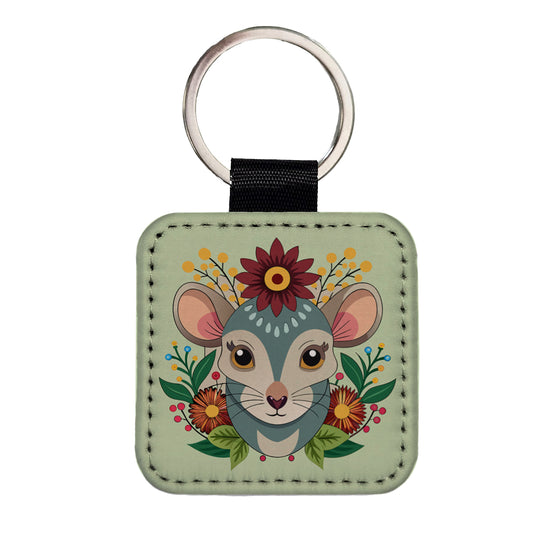 Mouse Floral Flowers Square Faux Leather Keychain