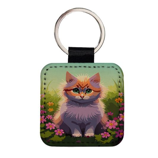 Munchkin Cat in Flower Garden Square Faux Leather Keychain