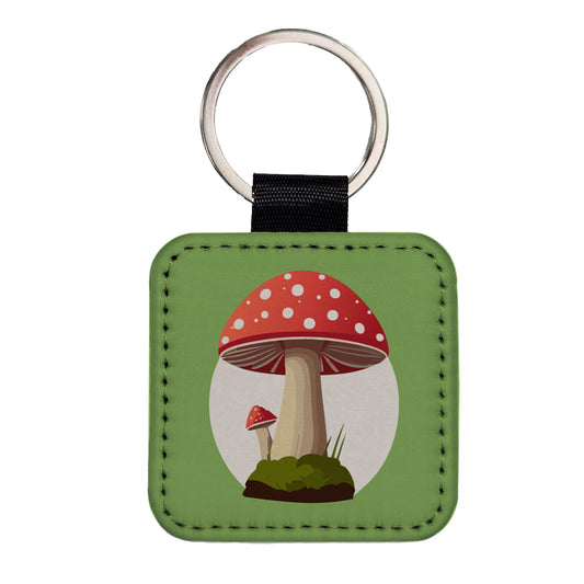 Mushroom Toadstool Red Woodland Square Faux Leather Keychain