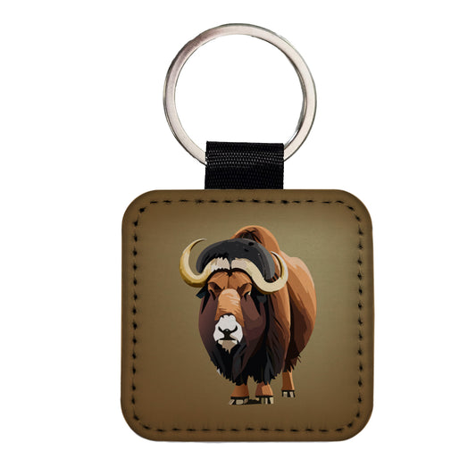 Muskox Musk Ox Shaggy Arctic Animal Square Faux Leather Keychain