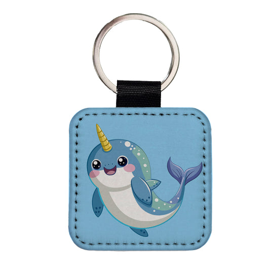 Narwhal Cute Chibi Square Faux Leather Keychain