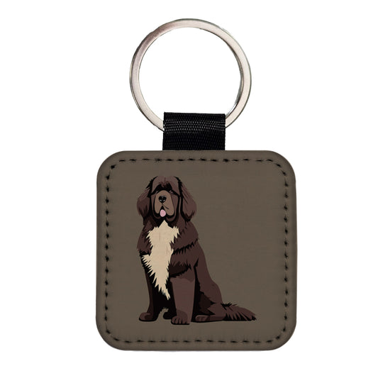 Newfoundland Dog Sitting Square Faux Leather Keychain