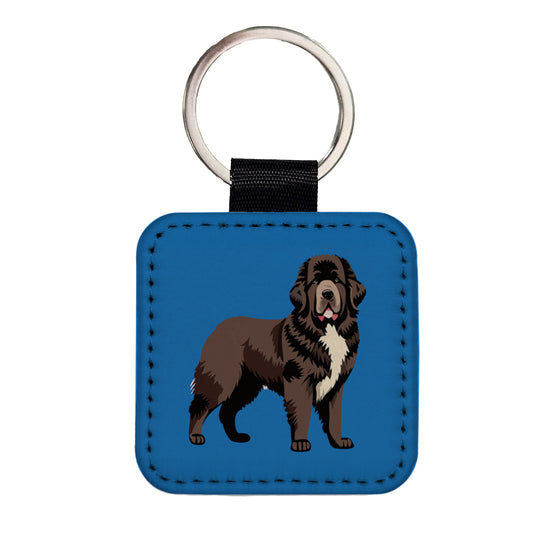 Newfoundland Dog Standing Square Faux Leather Keychain