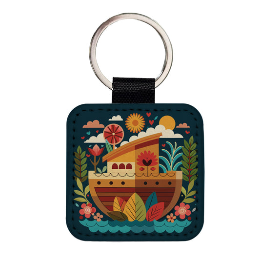 Noah's Ark Floral Bible Story Square Faux Leather Keychain