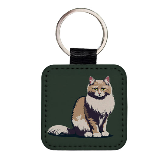 Norwegian Forest Cat Sitting Square Faux Leather Keychain