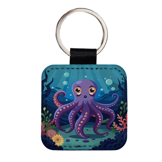 Octopus in Ocean Cute Square Faux Leather Keychain
