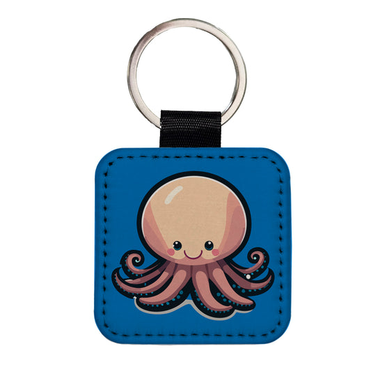 Octopus Smiling Square Faux Leather Keychain