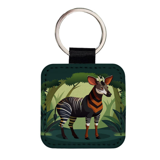 Okapi Forest Zebra Giraffe Square Faux Leather Keychain