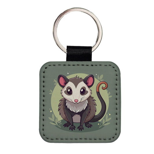 Opossum Cute Animal Square Faux Leather Keychain