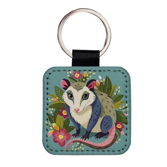 Opossum Floral Flowers Square Faux Leather Keychain