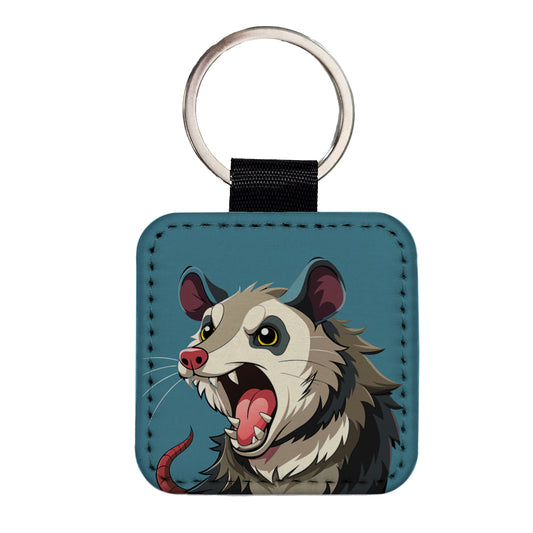 Opossum Screaming Funny Square Faux Leather Keychain