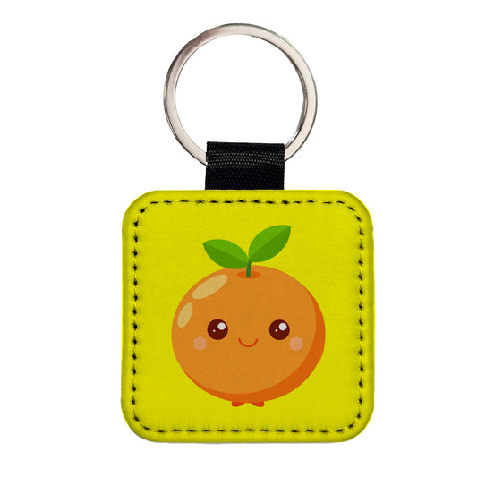 Orange Cute Happy Fruit Square Faux Leather Keychain