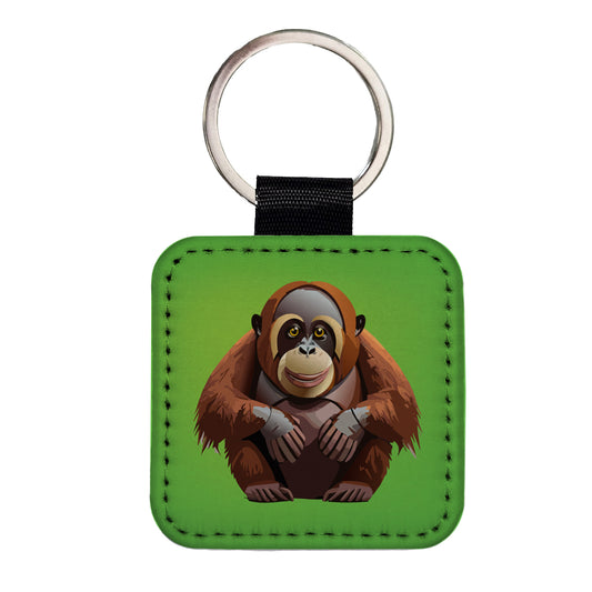 Orangutan Great Ape Sitting Square Faux Leather Keychain