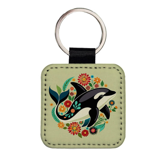 Orca Whale Floral Flowers Square Faux Leather Keychain